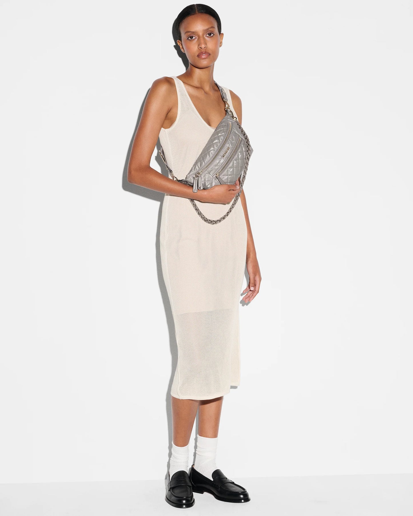 MZ WALLACE SMALL CROSBY SLING BAG IN PEARL METALLIC