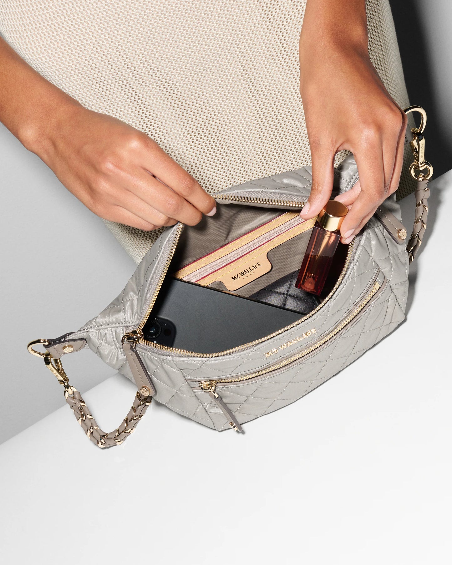 MZ WALLACE SMALL CROSBY SLING BAG IN PEARL METALLIC