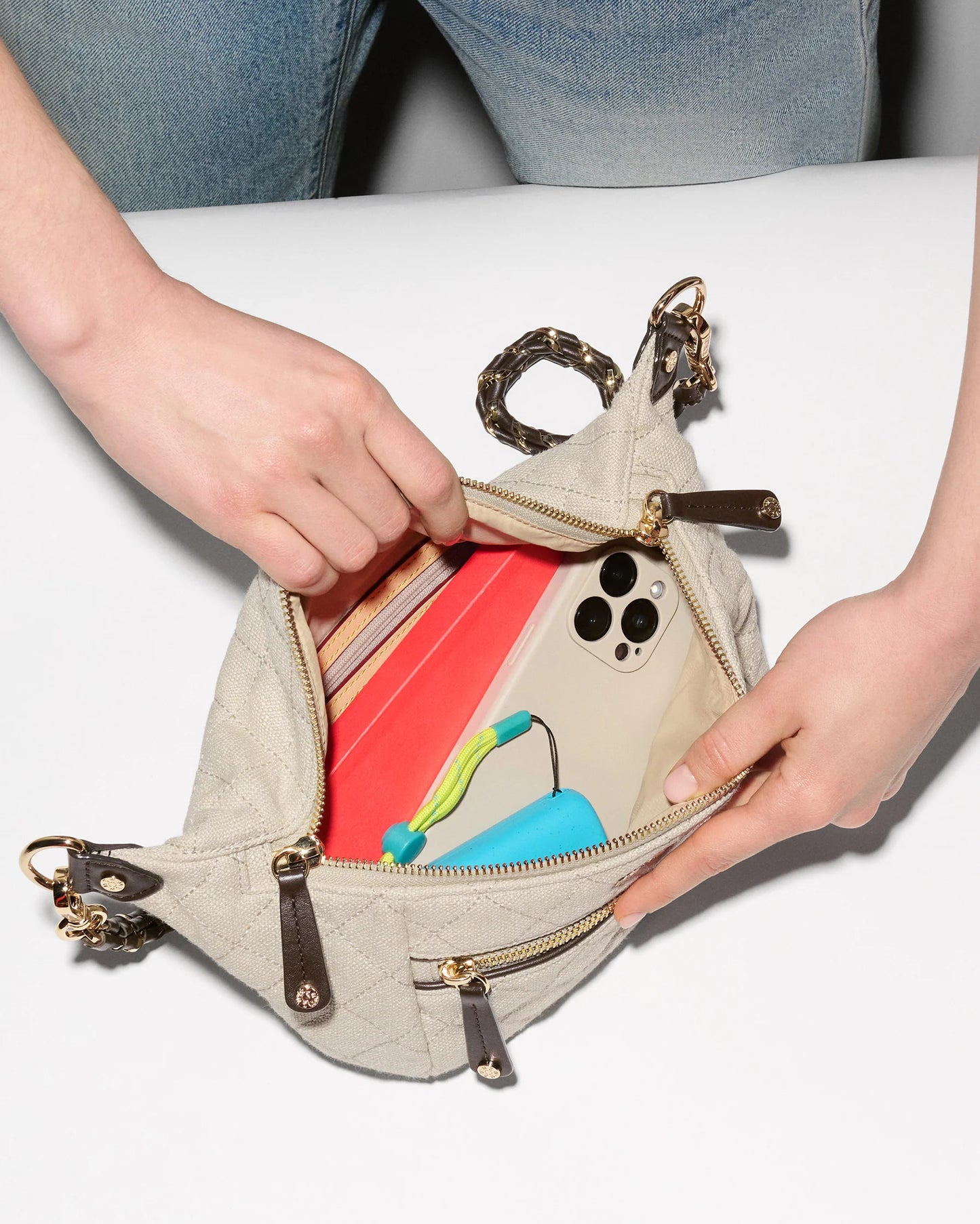 MZ WALLACE SMALL CROSBY SLING BAG IN SANDY LINEN