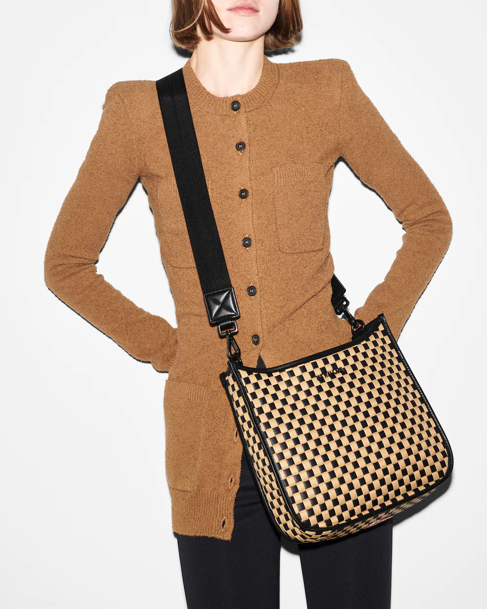 MZ WALLACE WOVEN BOX CROSSBODY IN CAMEL AND BLACK