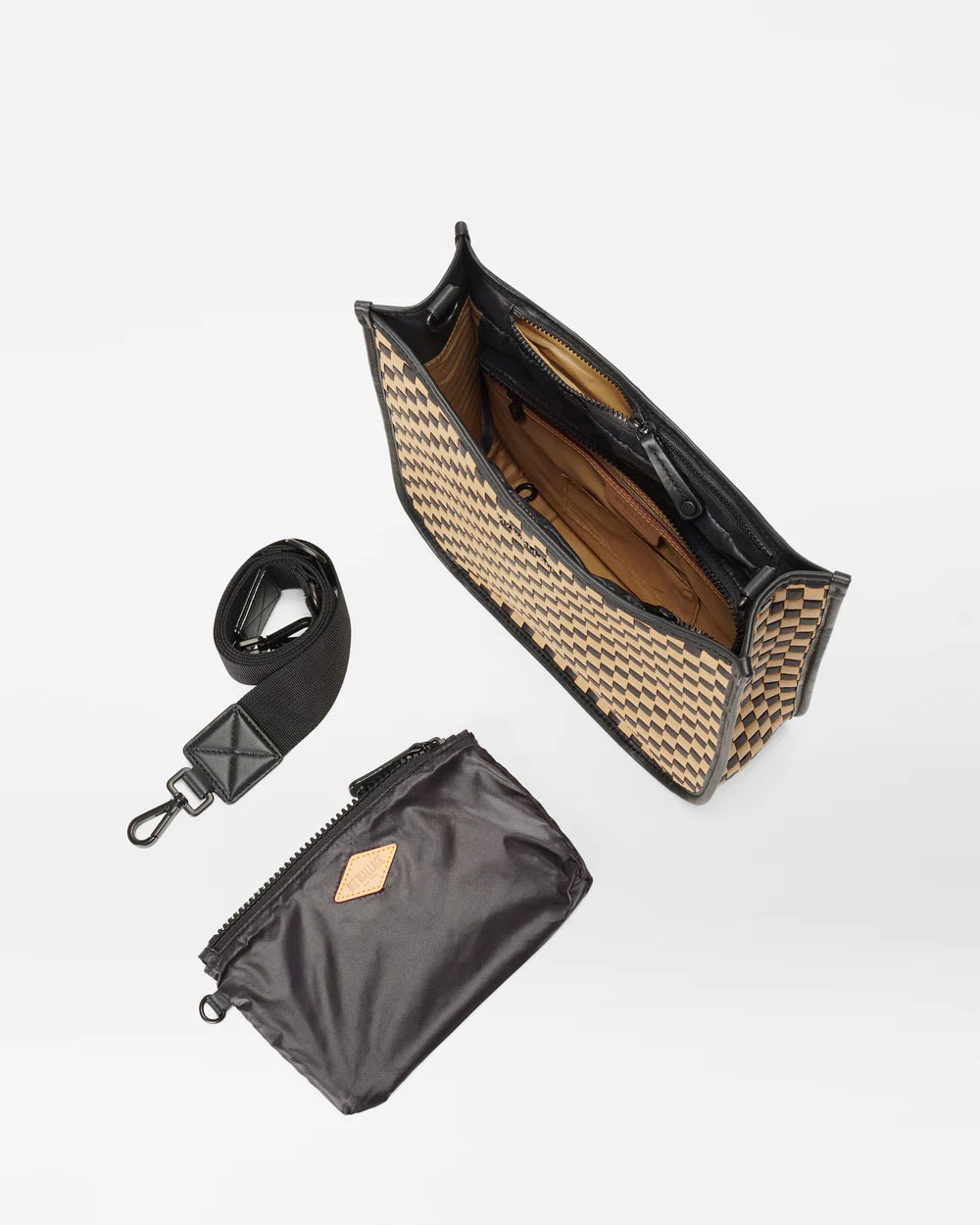 MZ WALLACE WOVEN BOX CROSSBODY IN CAMEL AND BLACK