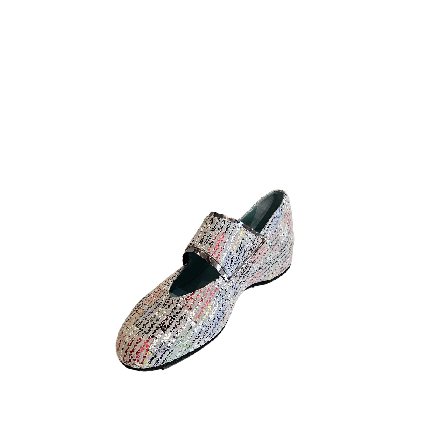 Multicolored sequin loafer on a white surface with a neutral background