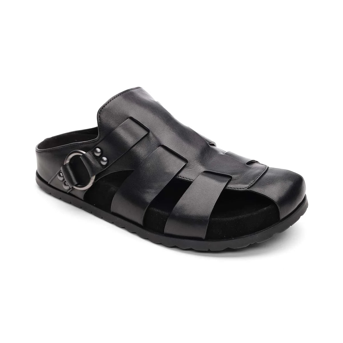 ASH TERRY LEATHER FISHERMAN FOOTBED SANDAL IN BLACK