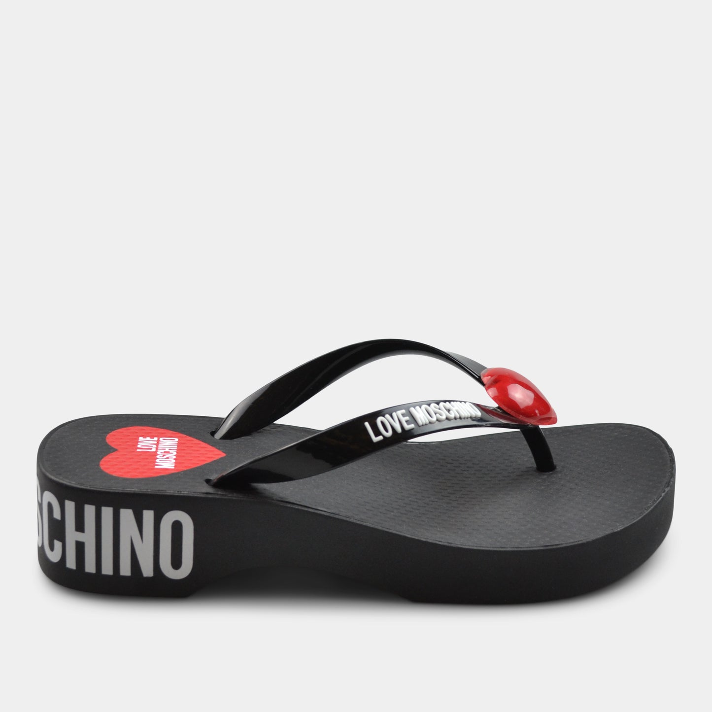 LOVE MOSCHINO LOW HEEL FLIP FLOPS IN BLACK