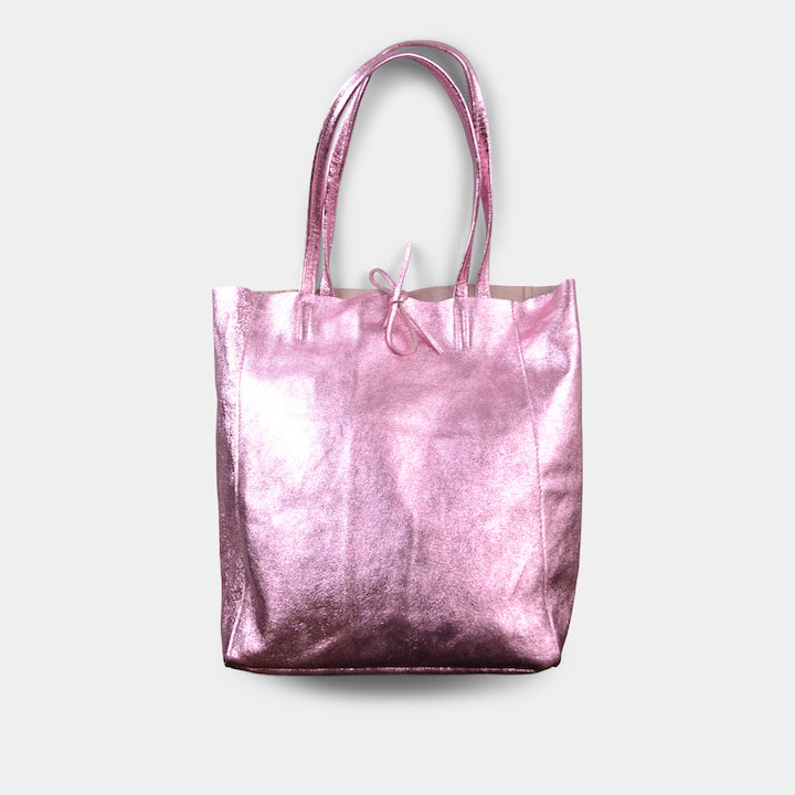 JIJOU CAPRI METALLIC MAXI LEATHER TOTE IN PINK