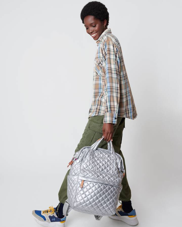 MZ WALLACE TOP HANDLE BACKPACK IN TIN METALLIC