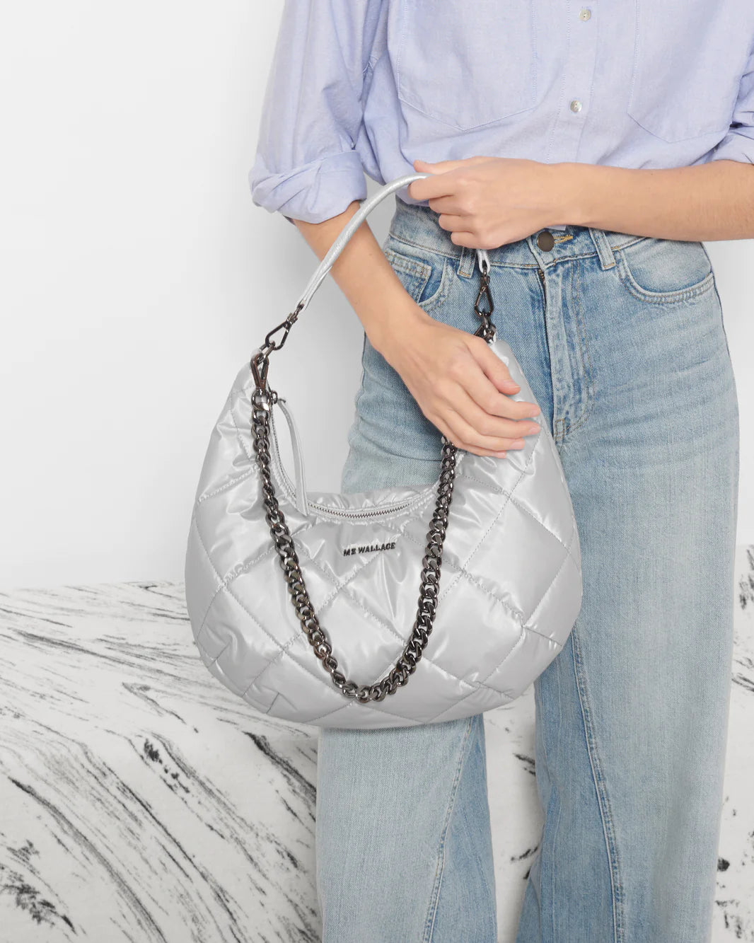 MZ WALLACE BOWERY SHOULDER BAG IN OYSTER METALLIC