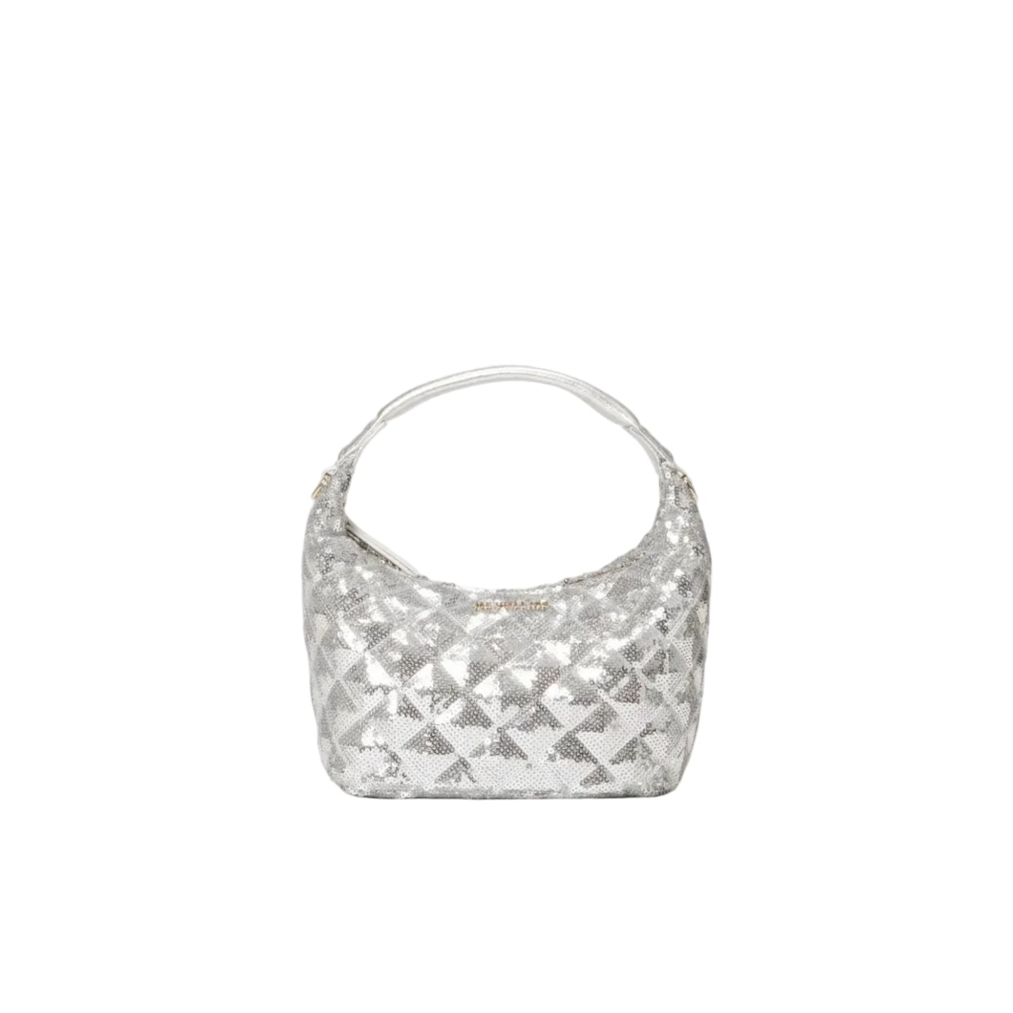 Silver sequined handbag on a light gray background