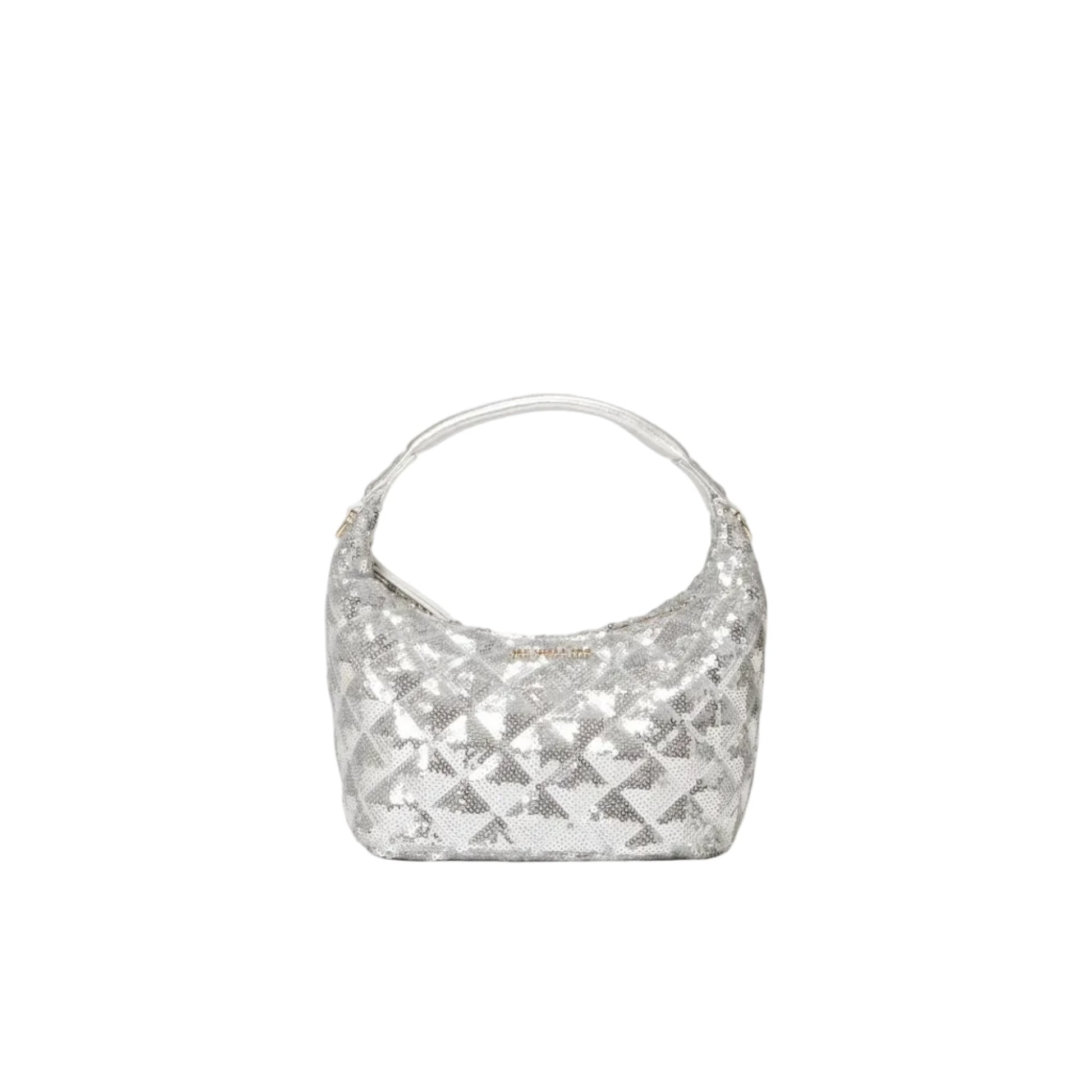 Silver sequined handbag on a light gray background