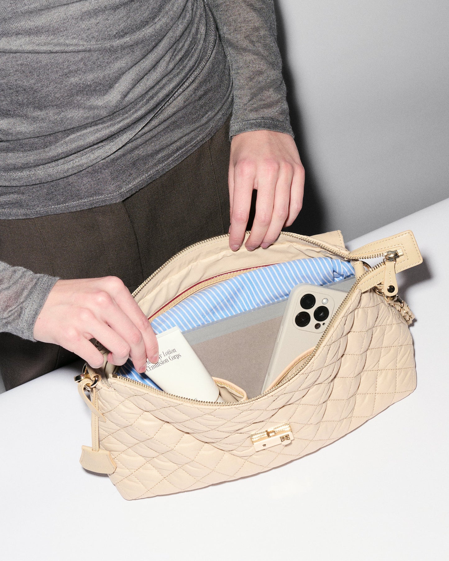 MZ WALLACE CROSBY LOCK SHOULDER BAG IN BUFF