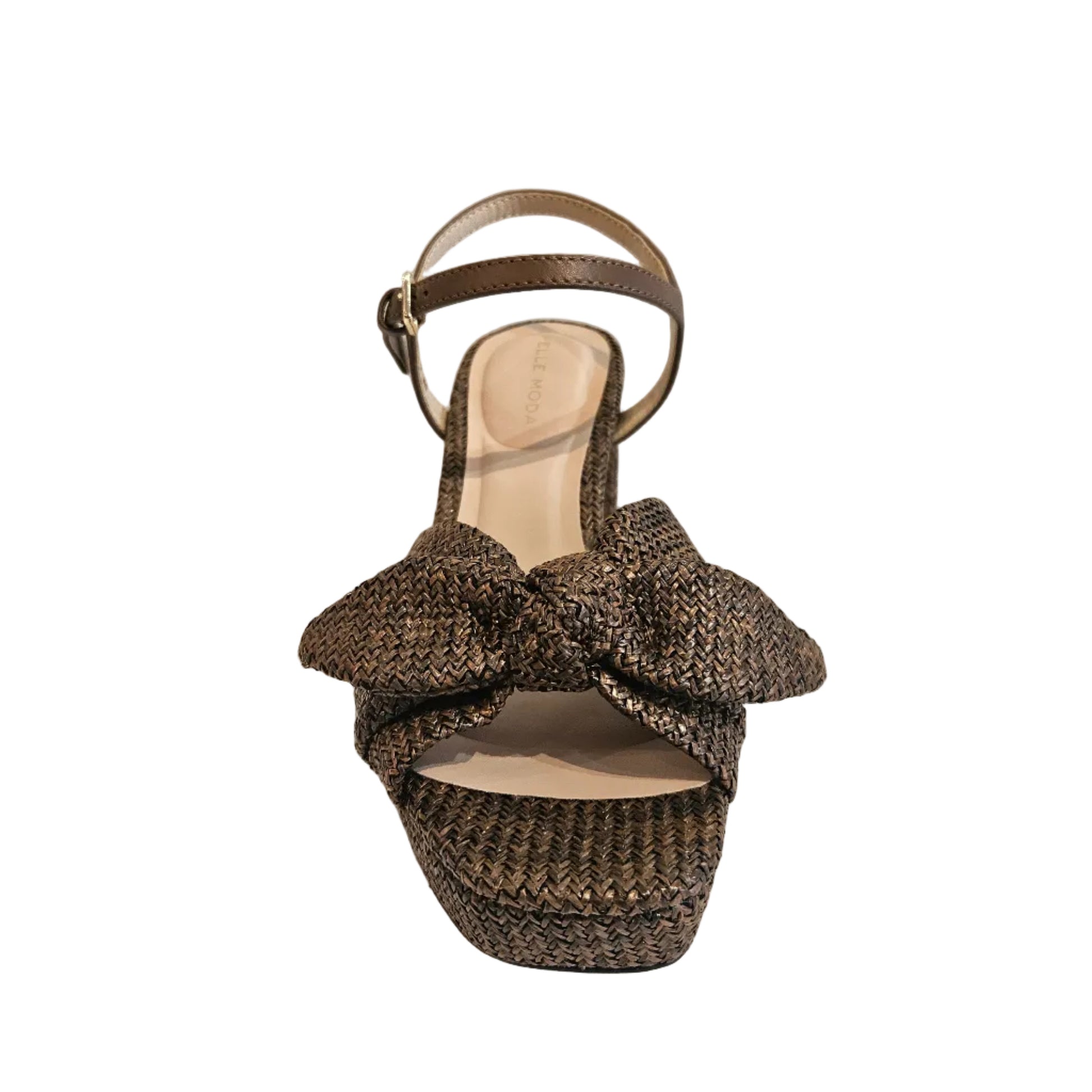 Brown woven sandal with a bow on a white surface