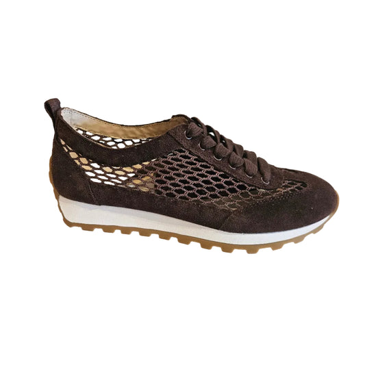Brown sneaker with mesh design on a white surface