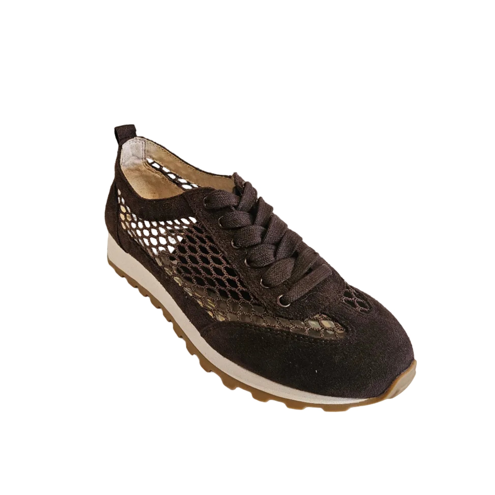 Brown sneaker with textured pattern on a white platform