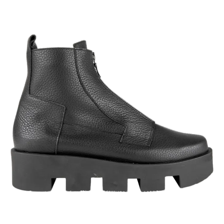 Black leather ankle boot with chunky sole on a white background
