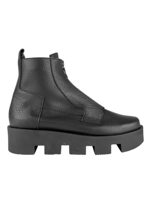 Black leather ankle boot with chunky sole on a white background