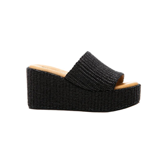 Black woven platform sandal on a white background