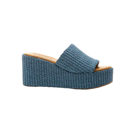 Blue woven wedge sandal on a white background