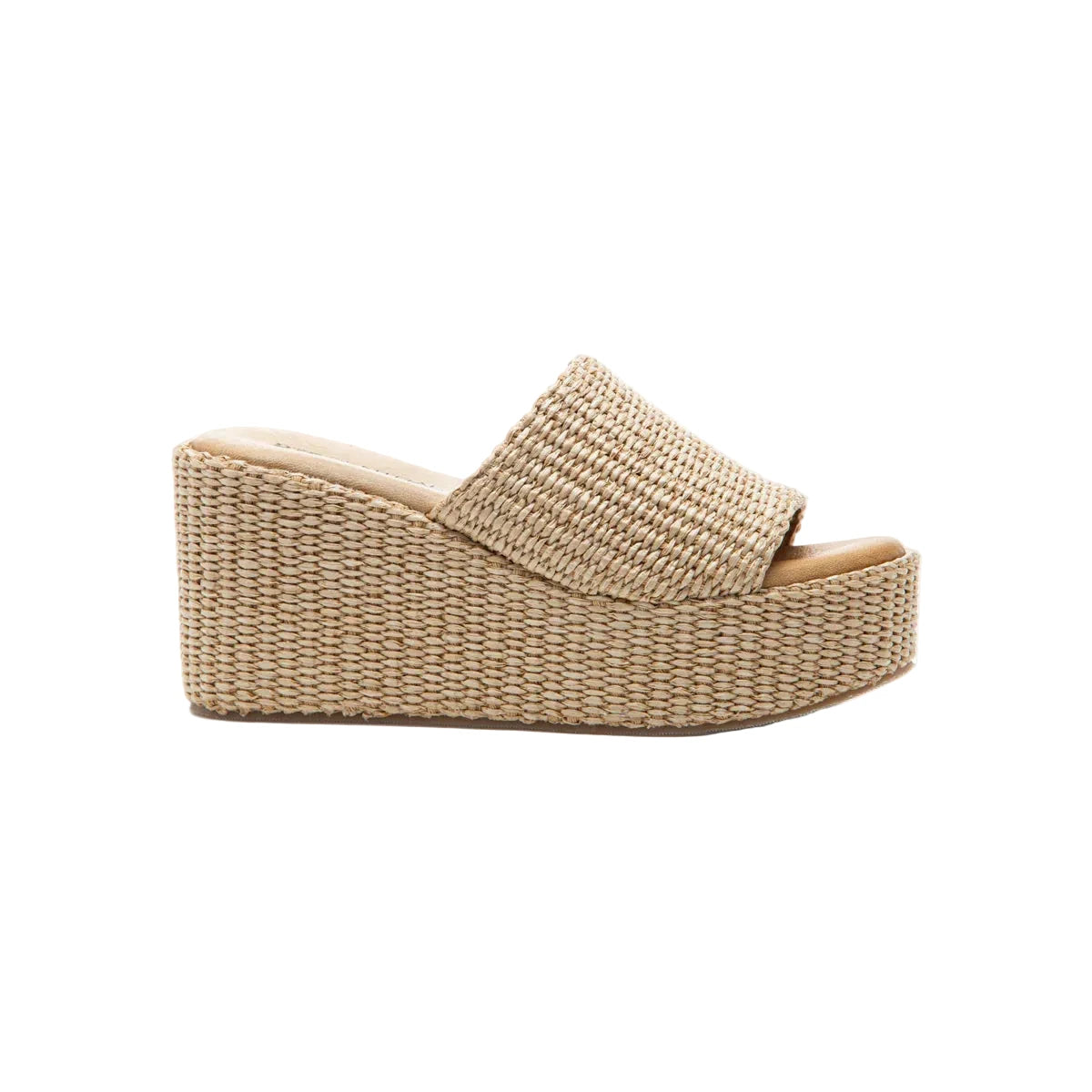 Beige wedge sandal with woven strap on a white background