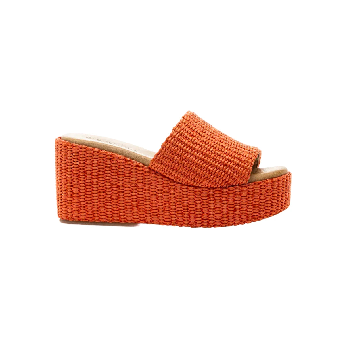 Orange woven wedge sandal on a white background
