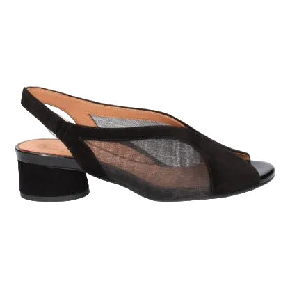 Black sandal with a thin strap on a white background