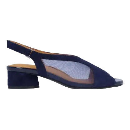 Navy blue sandal with a block heel on a white background