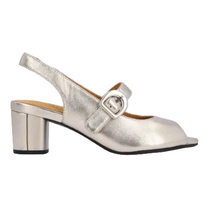 Silver high-heeled shoe with a strap on a white background