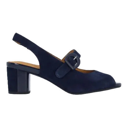 Navy blue sandal with a buckle on a white background