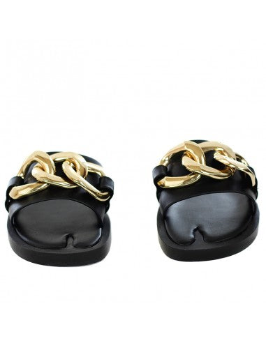 EXE SLIPPER WITH GOLD CHAIN IN BLACK