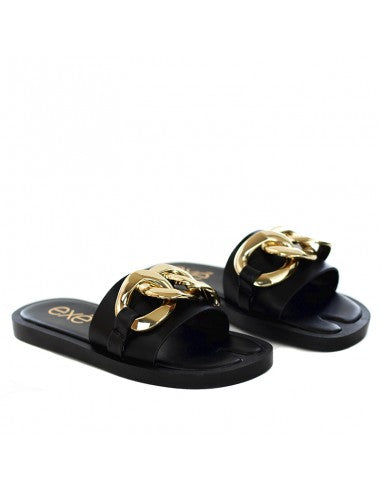EXE SLIPPER WITH GOLD CHAIN IN BLACK